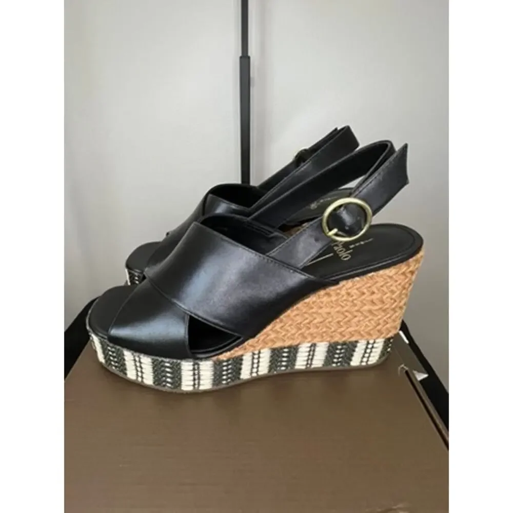 Linea Paolo Valery-L Black Leather Platform Wedge Sandals Size 8.5 NIB
